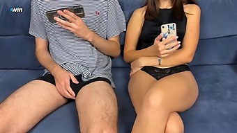 Stepbrother Joins Stepsister In Watching Porn And Masturbates Together, But She Gives Him A Handjob And Blowjob Leading To A Fingering Orgasm